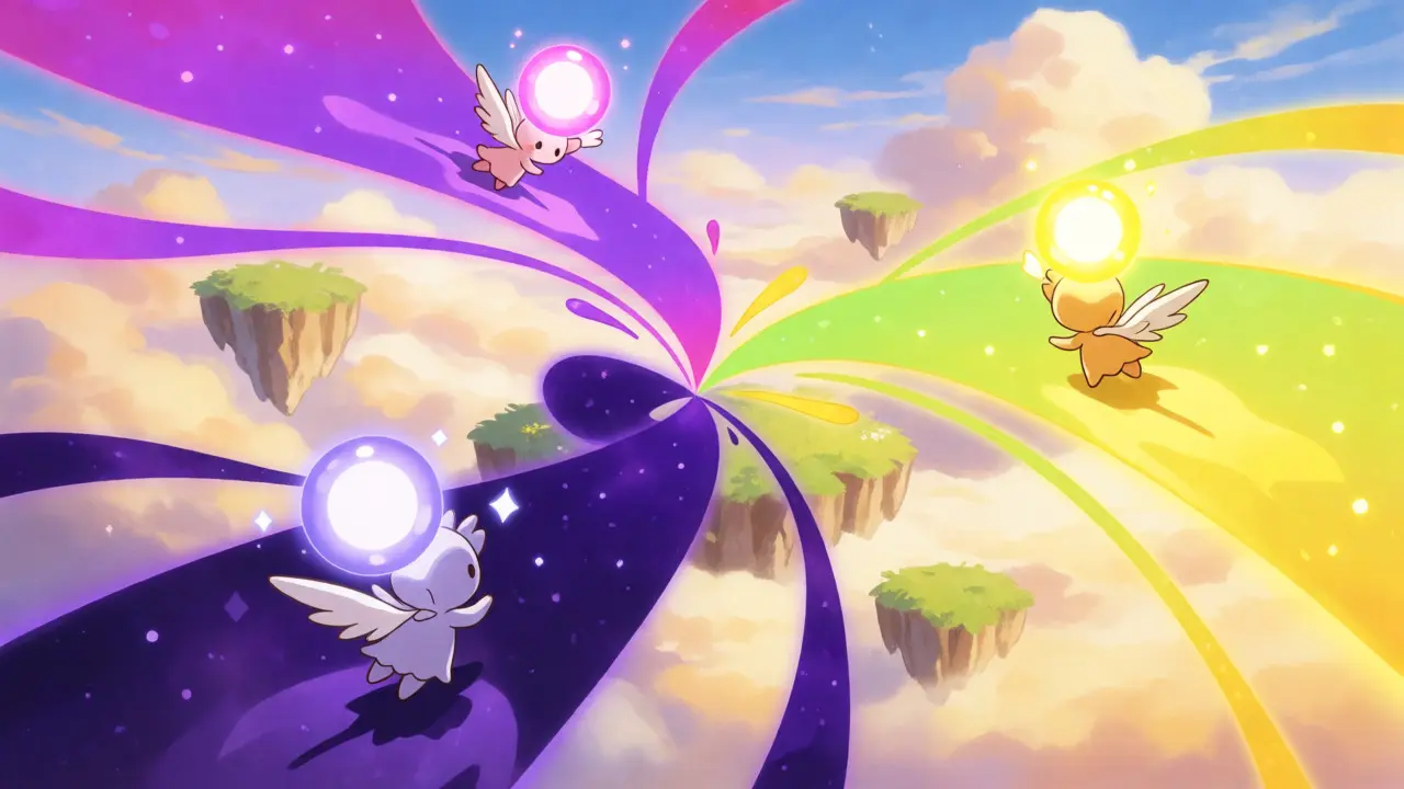 Magical ribbons connecting purple, pink, and green realms