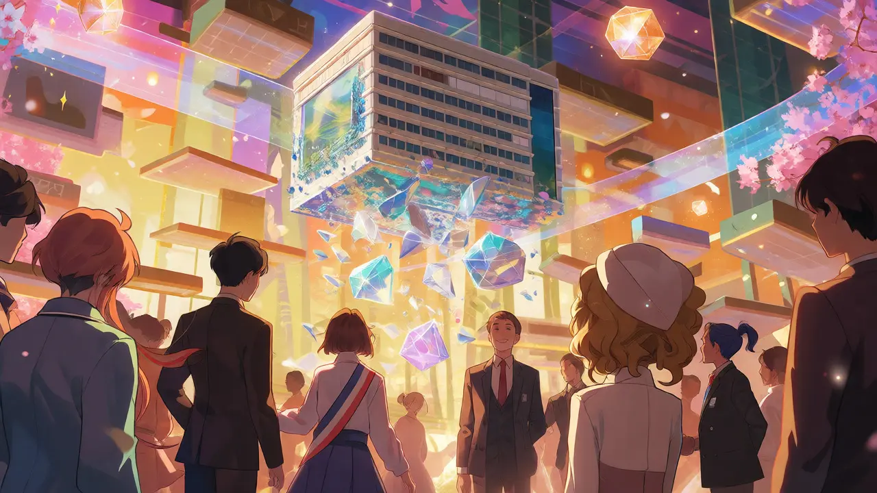 Magical transformation of real estate assets into glowing digital tokens for global investors.