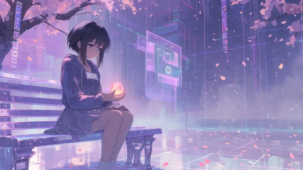 Melancholic anime girl holding a dimming crystal in a faded digital landscape.