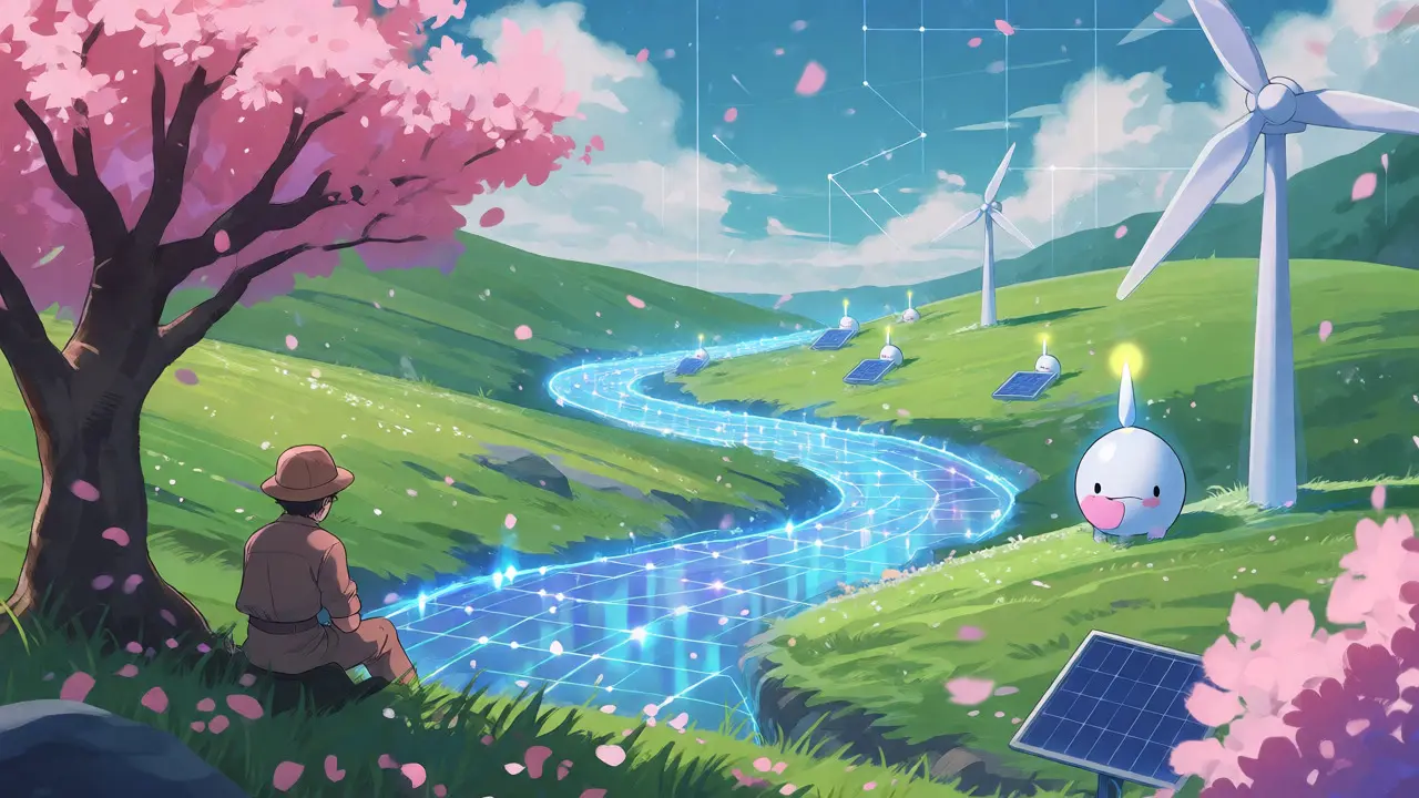 Peaceful anime landscape with a light river and renewable energy structures.