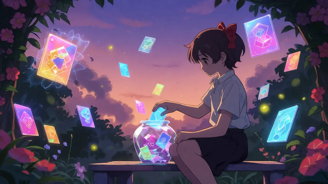 Person placing glowing asset cards into a crystal jar in a garden