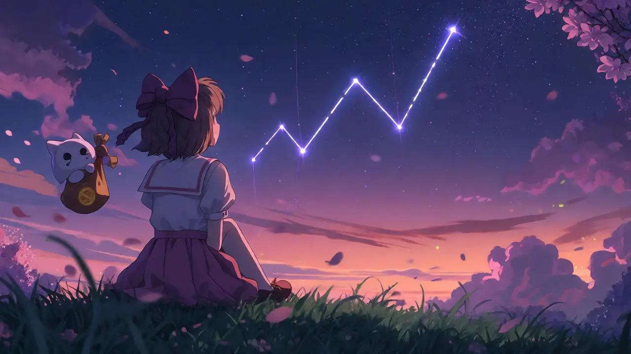 Protagonist watching a starry constellation resembling a market chart at twilight