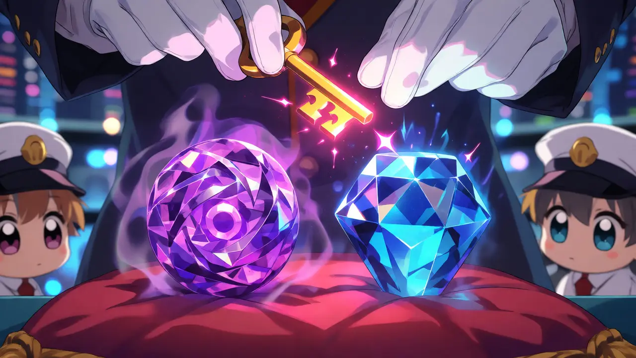 Purple and blue crystals resisting a golden key in a magical exchange setting