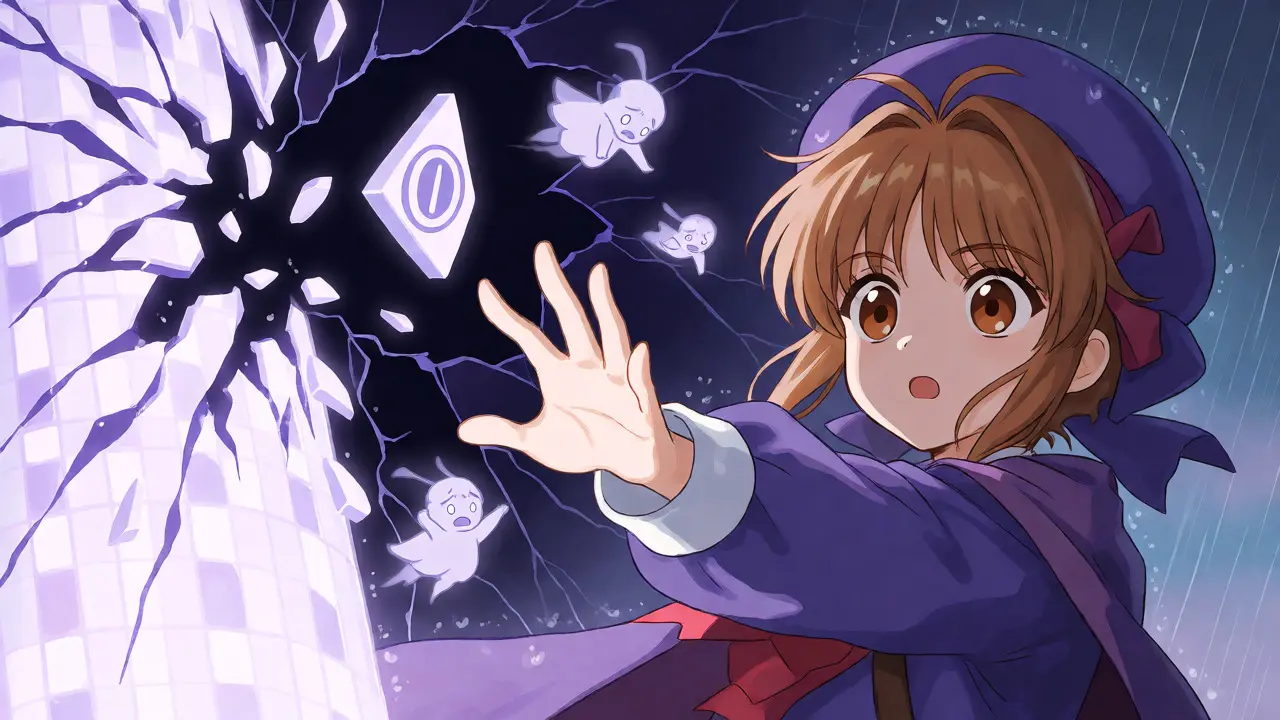 Shocked anime character watching a digital tower crumble amidst dark clouds and rain.