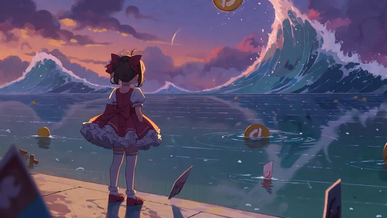 Solitary anime character overlooking a stagnant sea of data with distant giant waves.