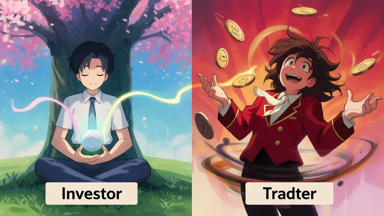 Split scene showing a calm investor versus a frantic trader, illustrating tax distinctions.