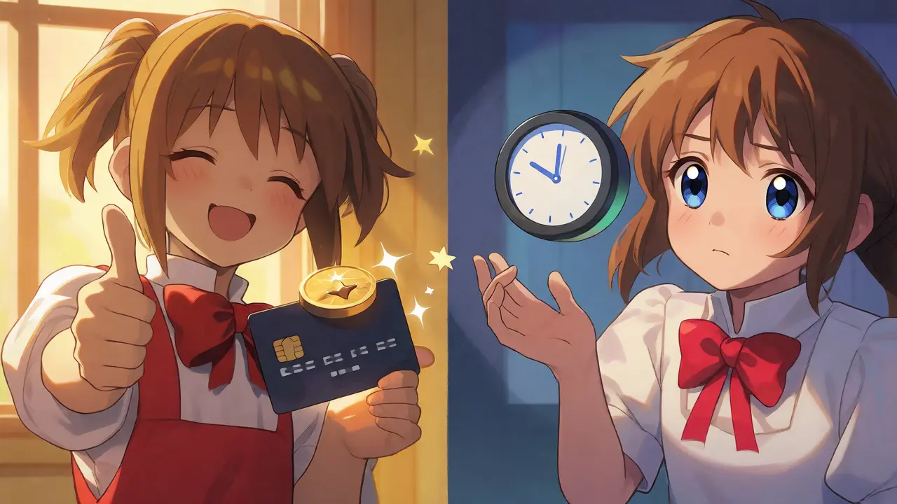 Split scene showing happy vs concerned users with clock and card icons