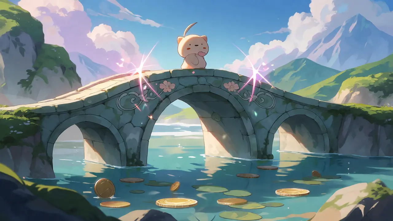 Stable stone bridge over calm sea with cute mascot and floating coins