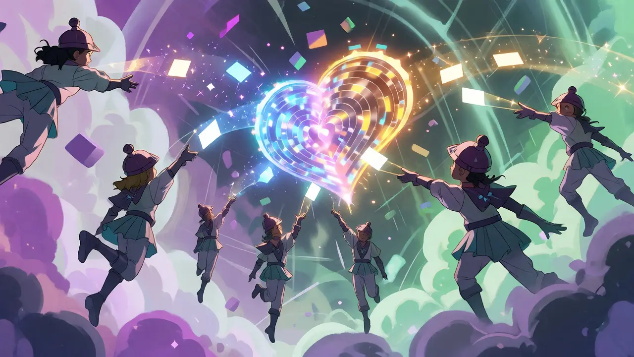 Stylized miners throwing glowing nonce cards at a spinning mechanical heart.
