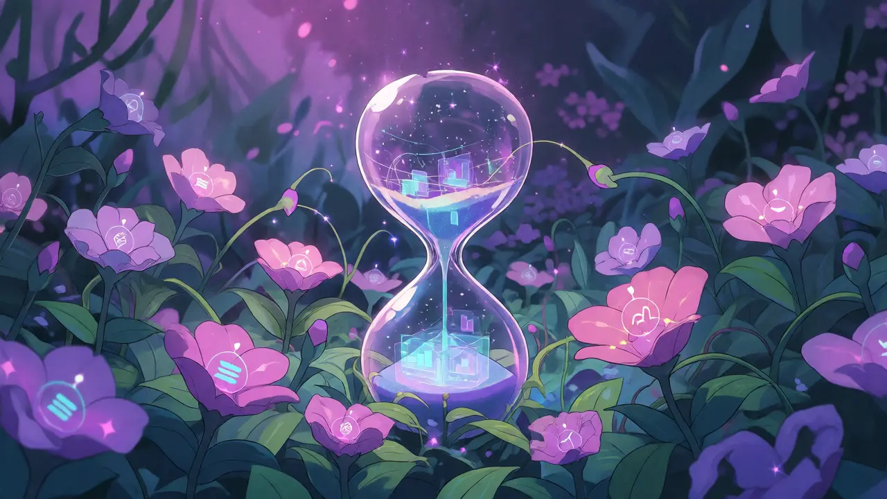Twilight garden with glass hourglass containing digital particles and blooming network flowers