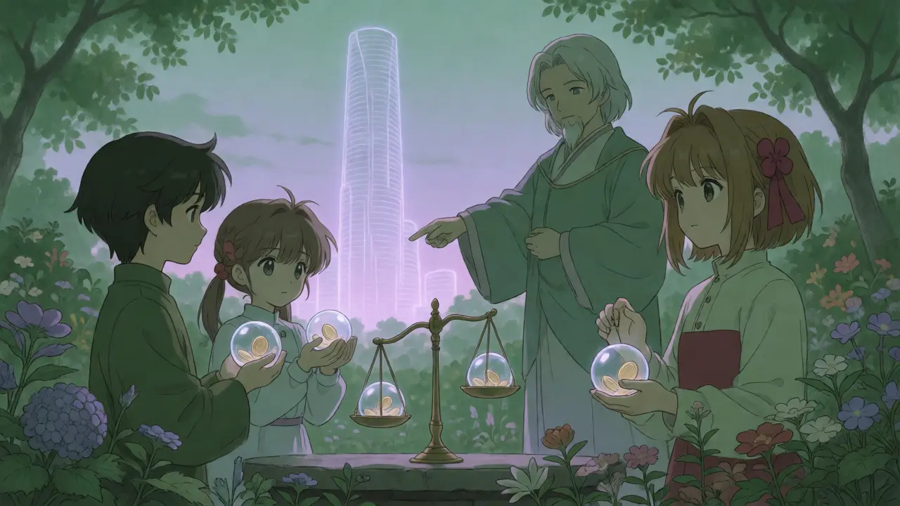Young traders holding glass orbs in a garden with a ghostly tower in the background.