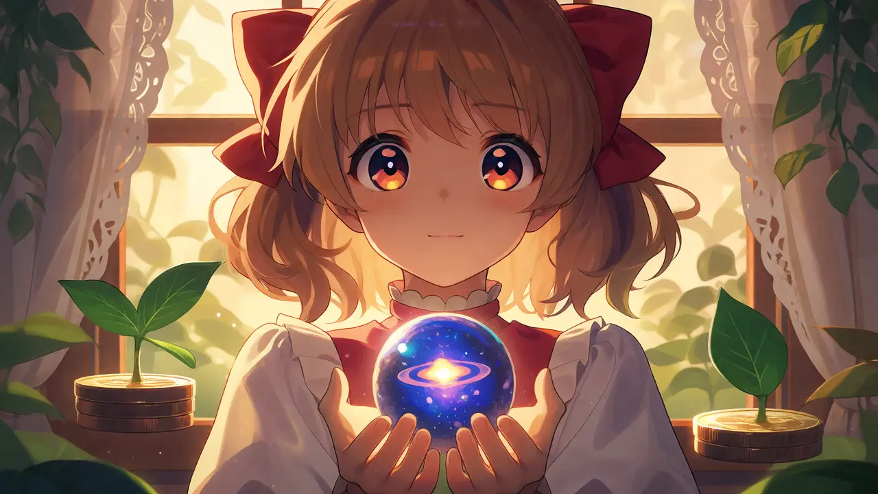 An anime character holding a glowing orb with growing leaf-coins in a sunlit room