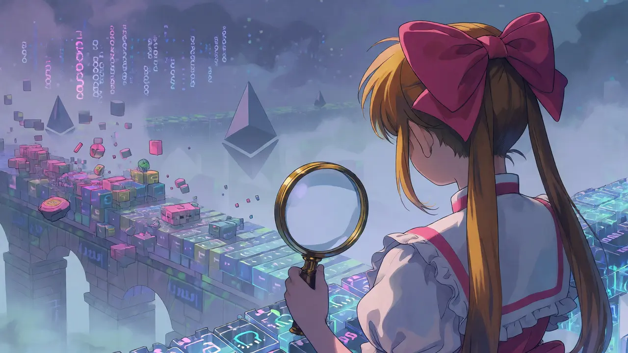 Anime character on digital bridge overlooking foggy, dissolving physical objects.
