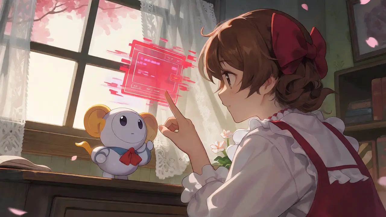 Anime character using a spirit guide to spot crypto scams in a cozy room