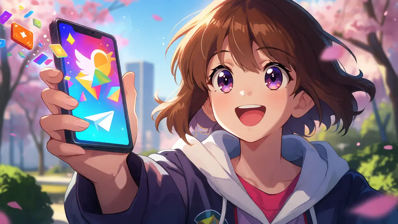 Anime character viewing social media tasks on a glowing phone