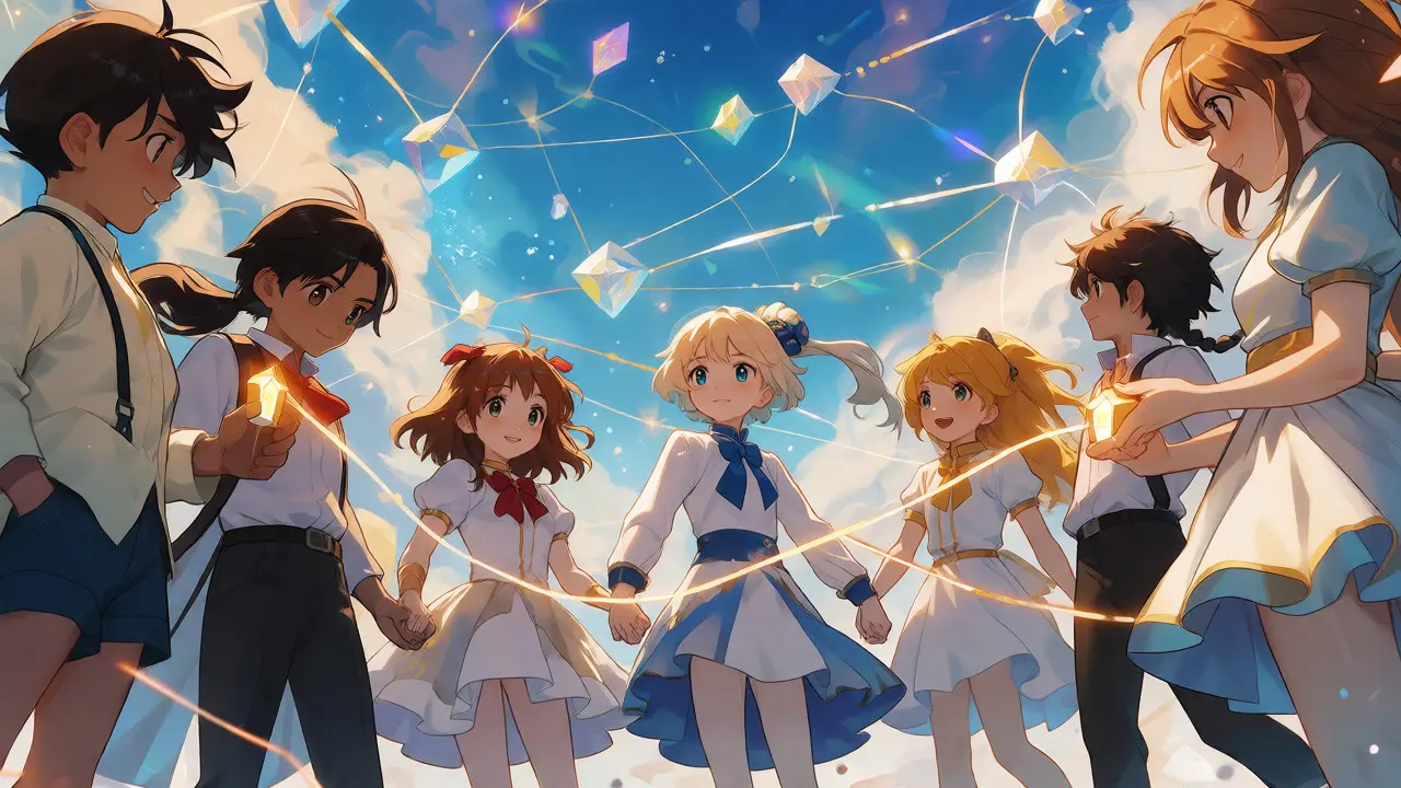 Anime characters connected by glowing ribbons forming a mesh network