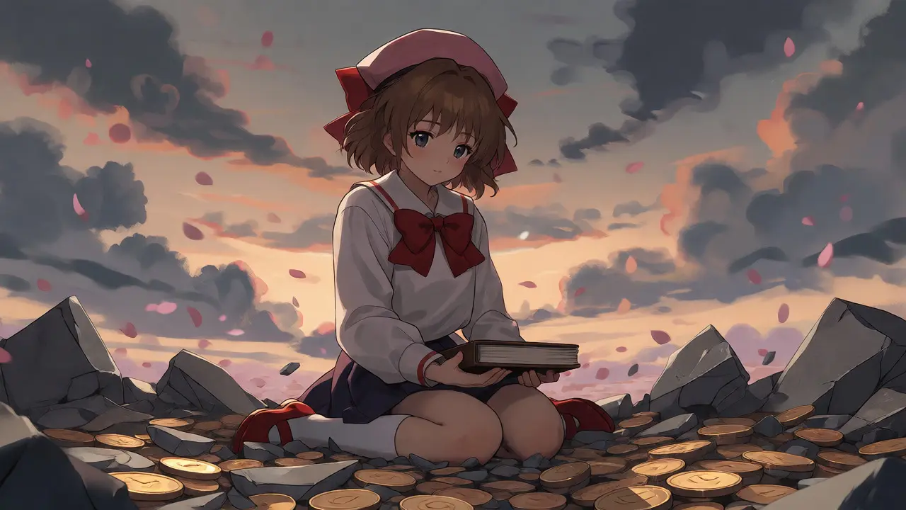 Anime girl sitting among broken coin shards holding a ledger