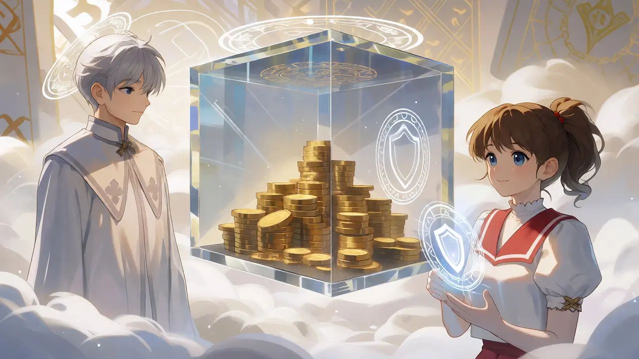 Anime mentor showing a transparent vault of gold coins protected by a magical shield.