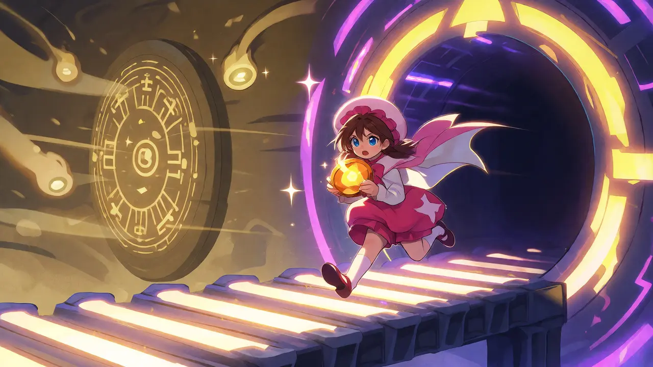 Anime messenger carrying a token across a light bridge from an old faded portal to a vibrant new one.