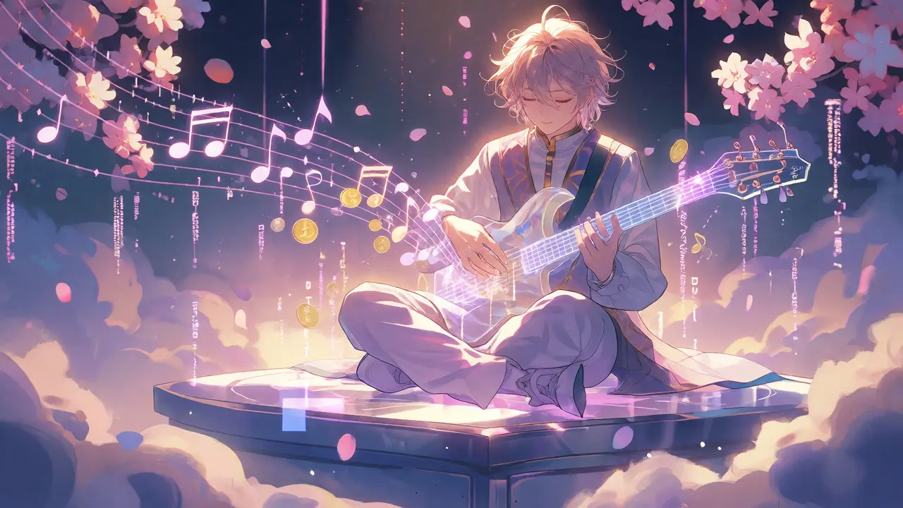 Anime musician sending glowing tokens directly to fans in a dreamy void