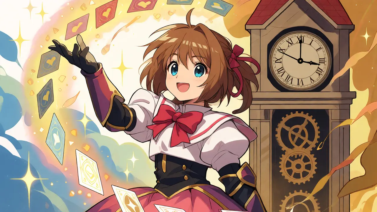 Anime protagonist catching glowing crypto tokens like magical cards near a clock tower.
