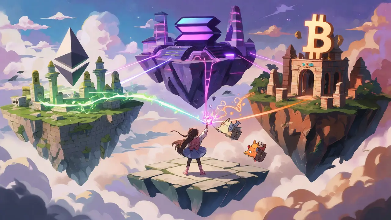 Artist character connecting three distinct blockchain islands with magical beams amidst floating mascots.