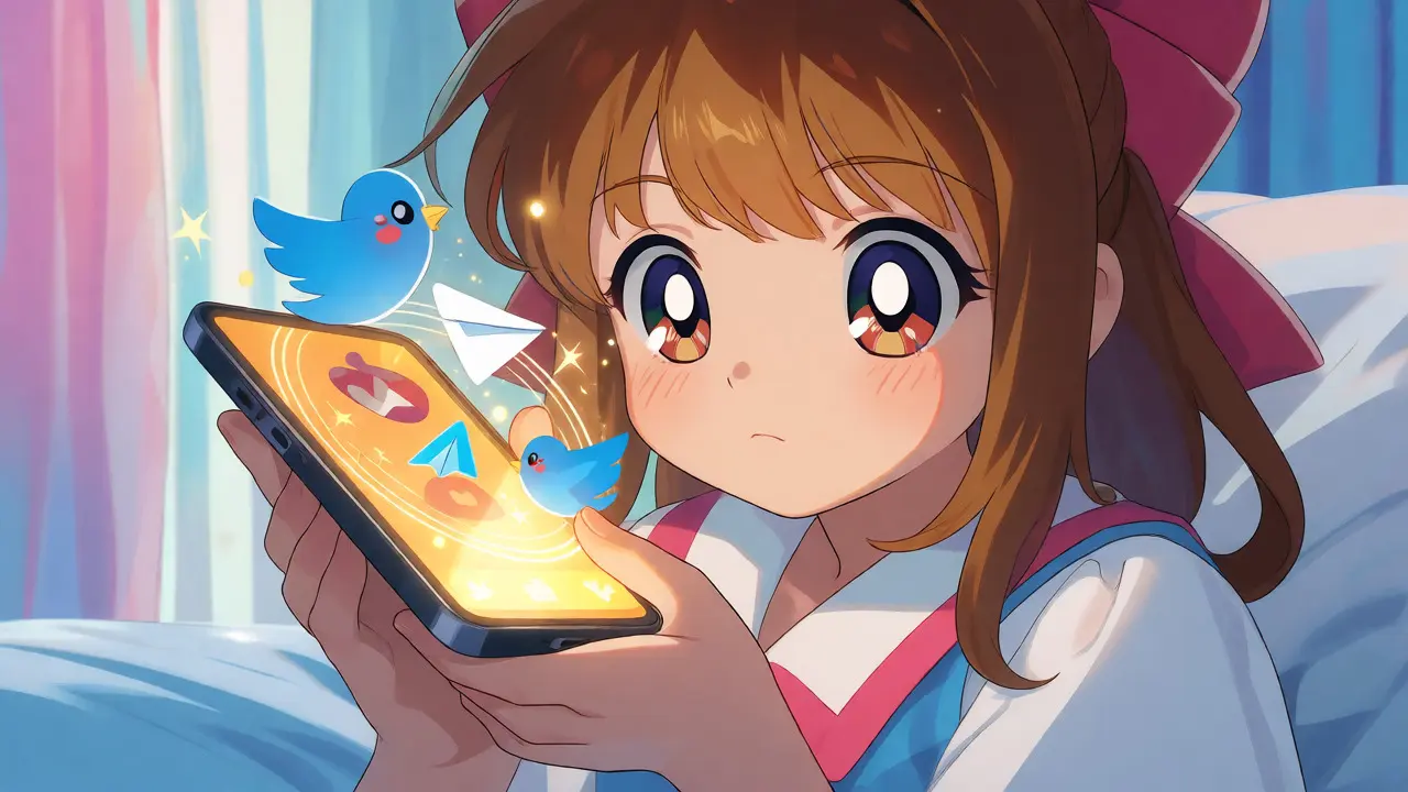 Character holding a glowing smartphone surrounded by cute social media mascots in anime style.