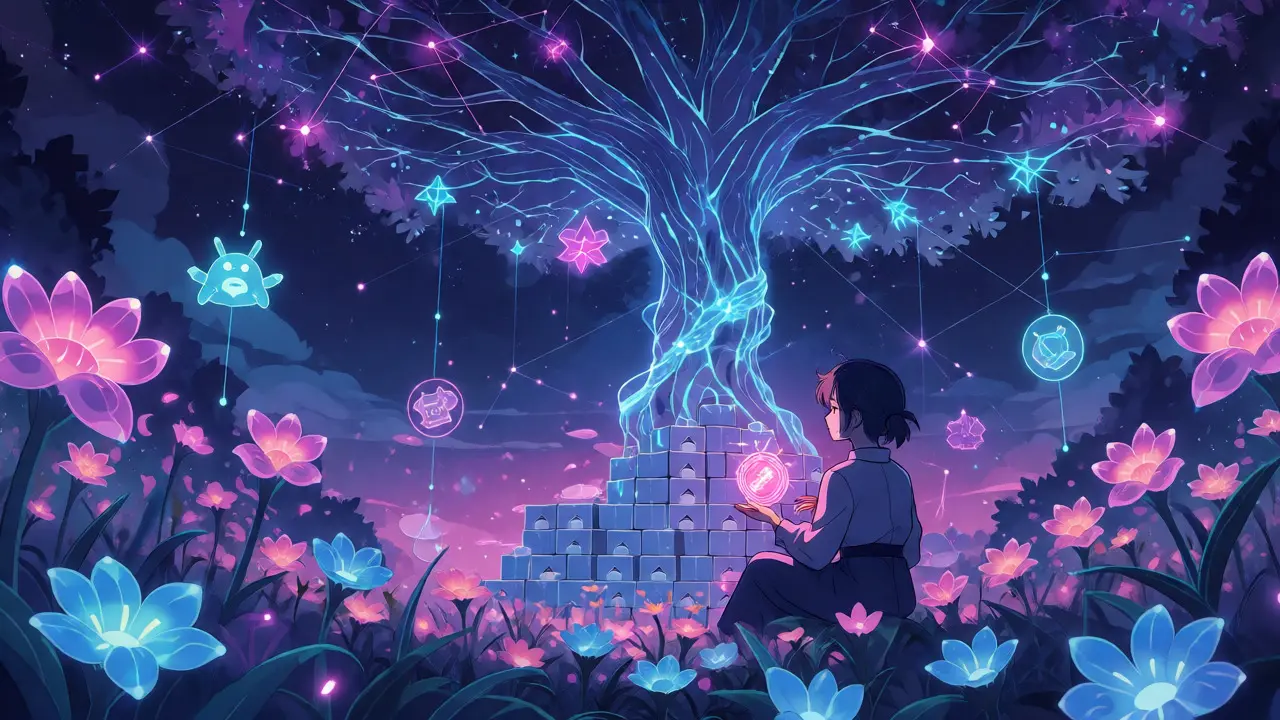 Character under a digital tree holding a glowing token in a starry garden