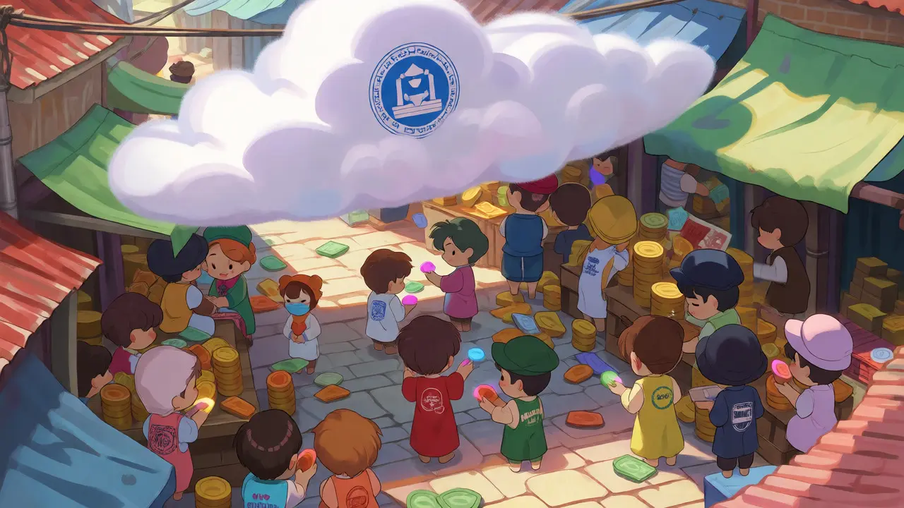 Chibi characters exchanging coins in a market under a hovering seal cloud.