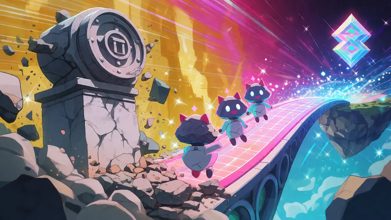 Chibi robots building a light bridge between a crumbling vault and a crystal island
