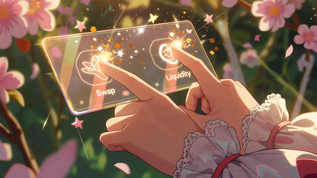 Close-up of anime hands tapping glowing swap and liquidity icons on a hologram.