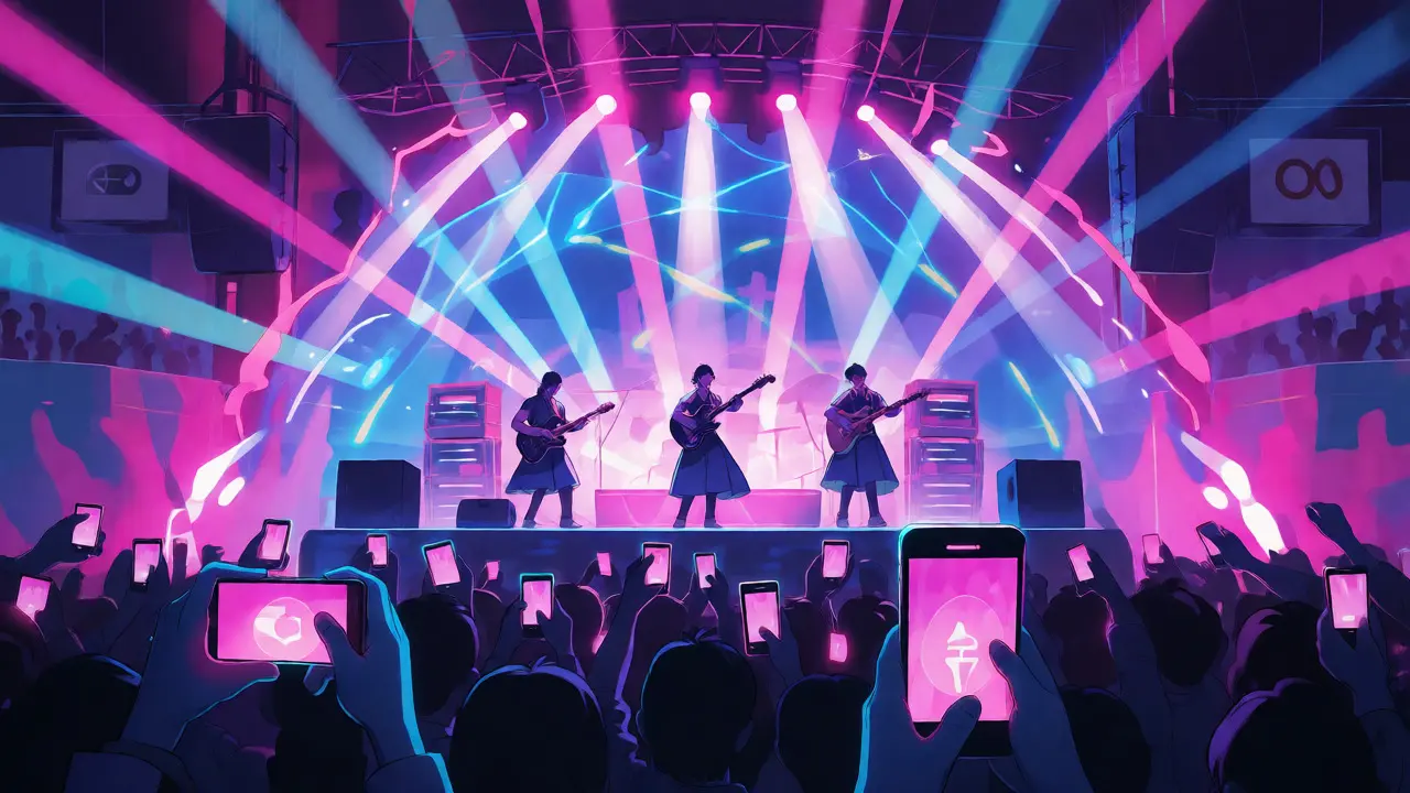 Concert crowd using phones to project light beams during a performance