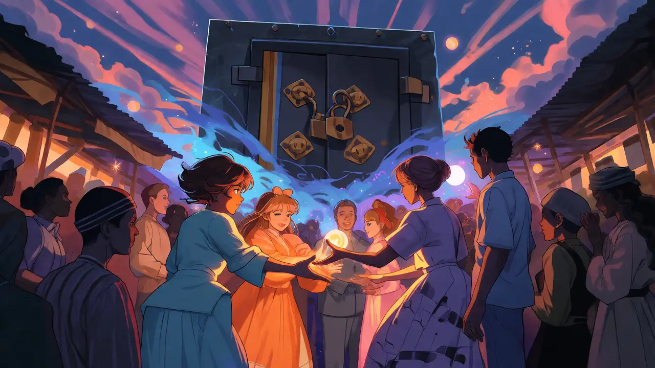 Crowds exchanging glowing orbs in a busy market while bypassing a locked vault in anime art.