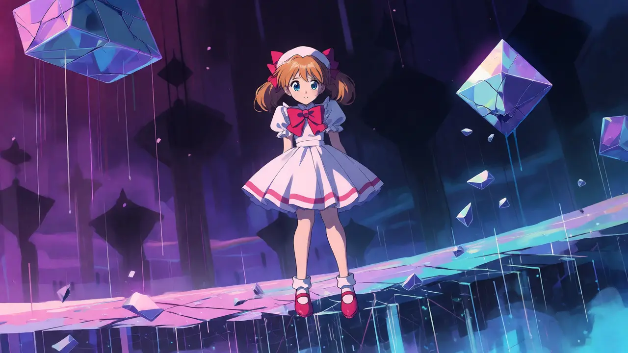Distressed anime character watching yield crystals shatter in darkness