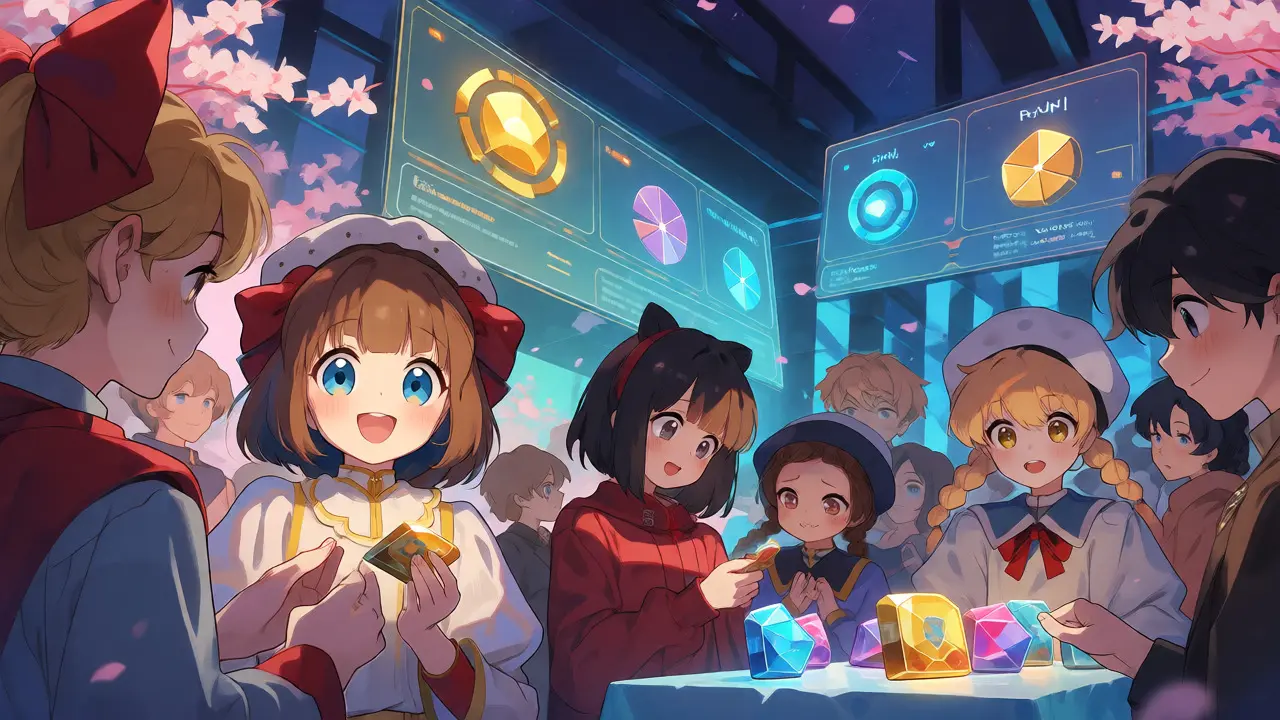 Fans exchanging glowing NFT tokens in a virtual marketplace scene