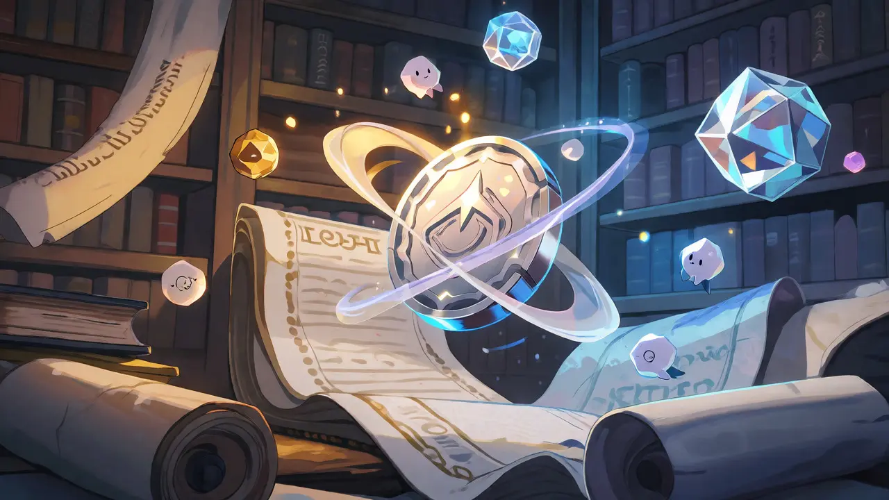 Floating crystal orbs and a glowing token in a mystical library with spirit creatures.