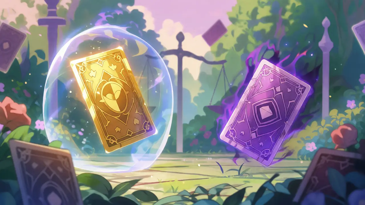 Floating magic cards showing low versus high leverage risks in a garden setting.