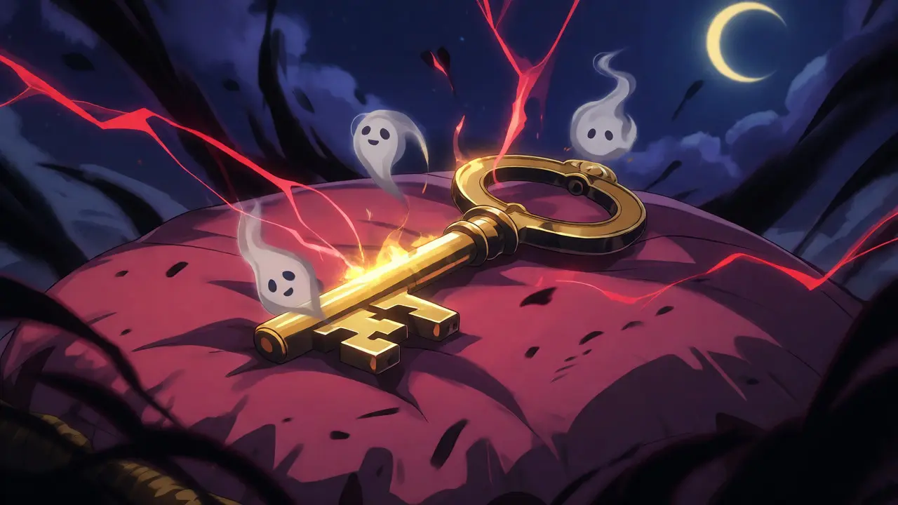 Fragile golden key surrounded by shadows and lightning in a dark setting.