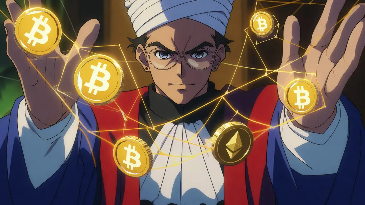 Government official casting a golden net spell over floating crypto profit charts to symbolize taxes.