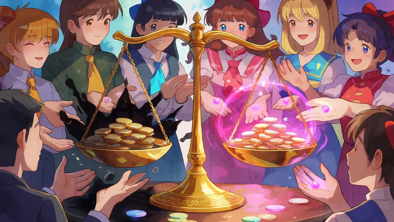 Group of anime characters balancing coins on a scale with magic barriers