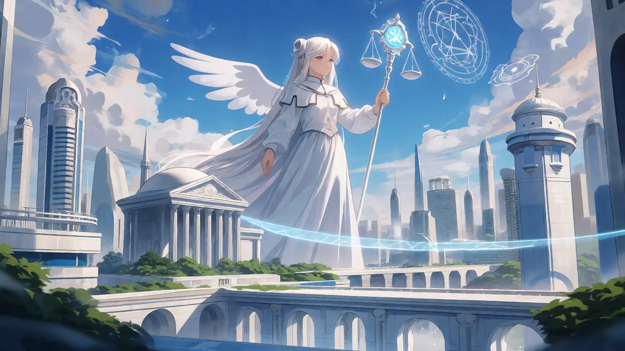 Guardian figure with a scale overseeing a city where banks and exchanges connect via light bridges.
