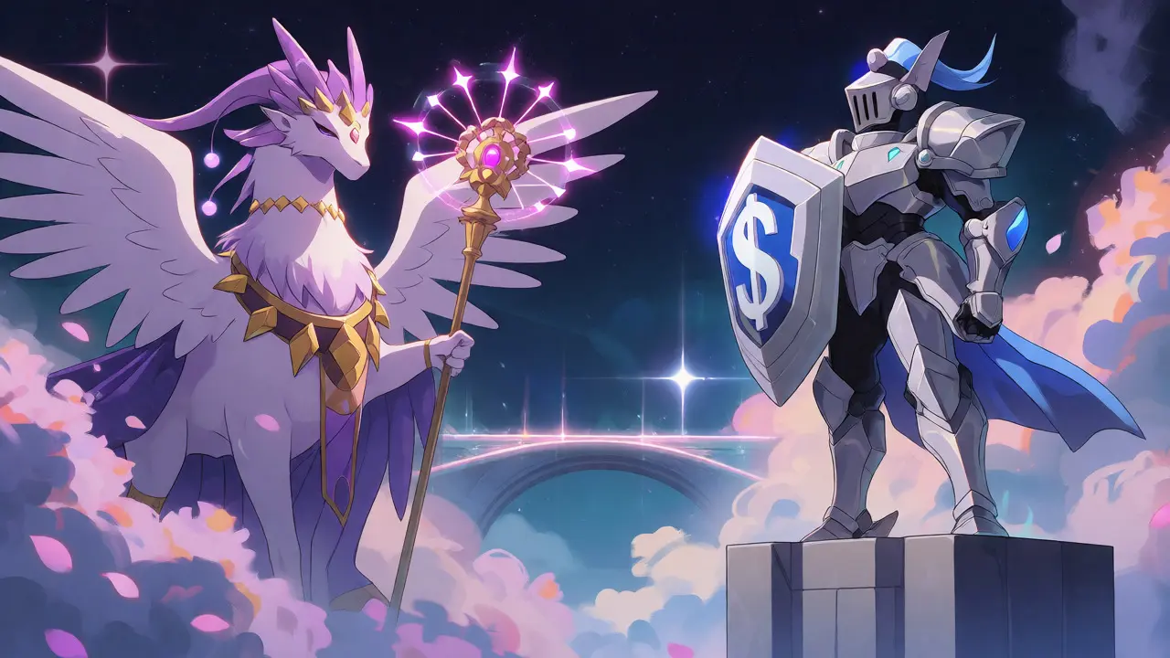Magical winged creature and robotic knight standing together under a starry sky.