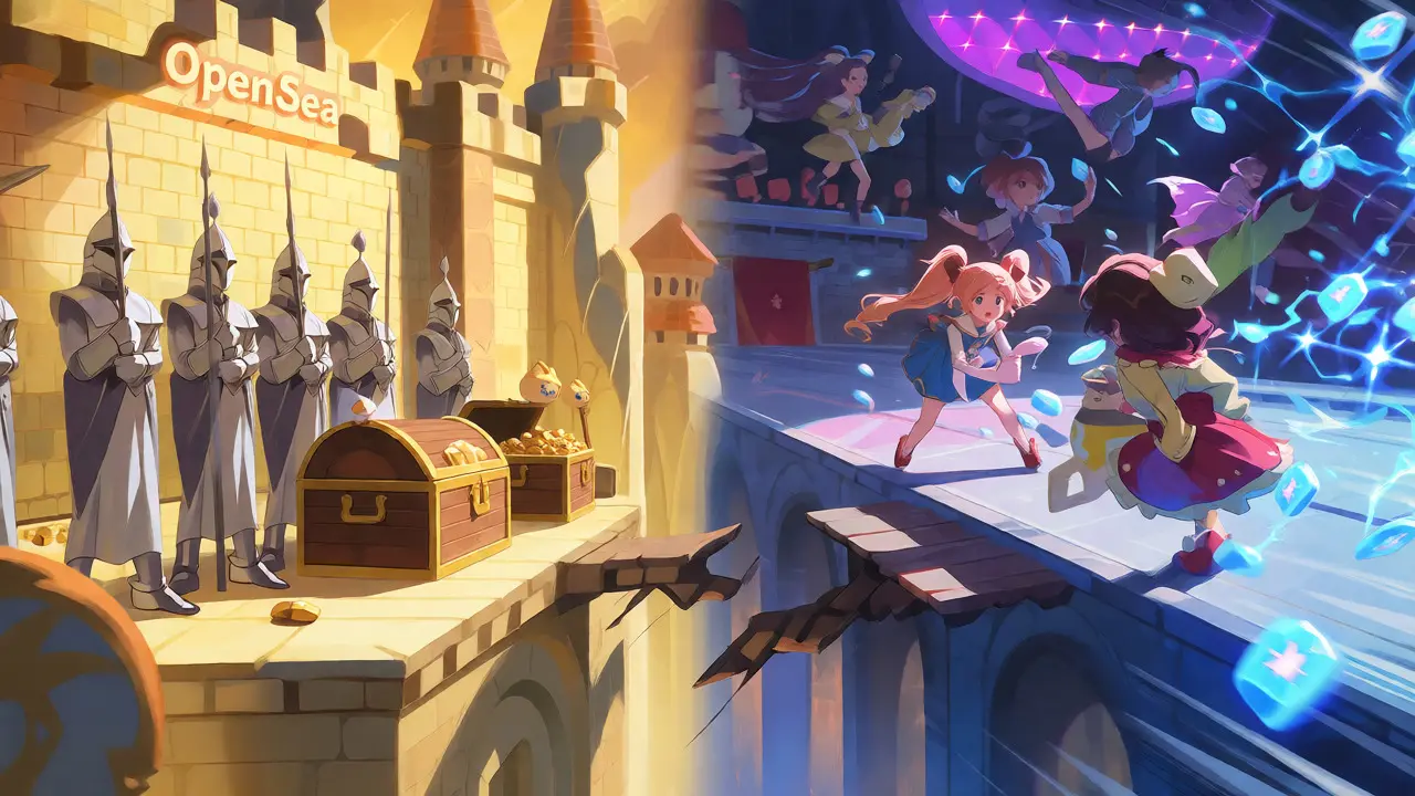 Split scene showing a structured golden marketplace versus a chaotic blue token-based trading arena.