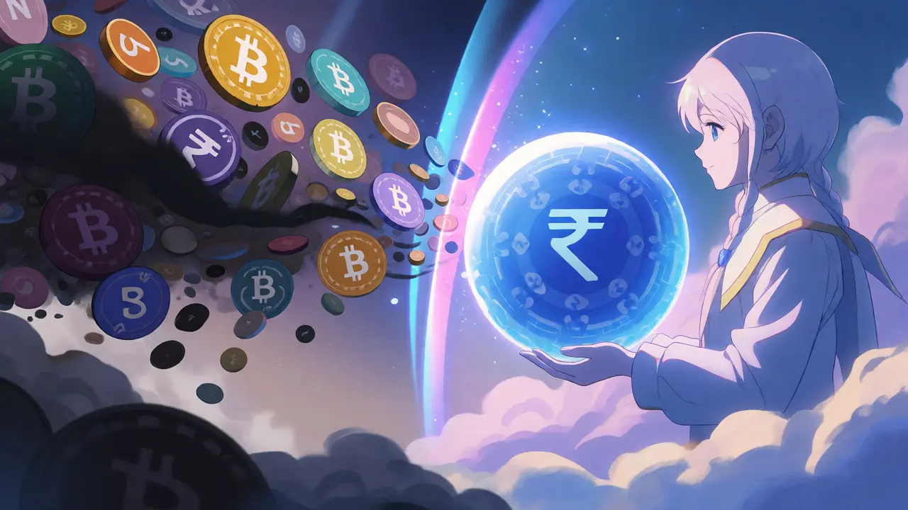 Split scene showing chaotic crypto tokens versus a calm, glowing Digital Rupee orb.