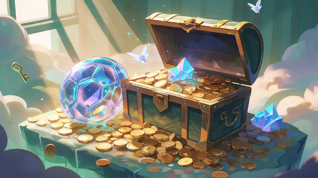Treasure chest with golden coins and a glass football on a cloud platform in anime art style.