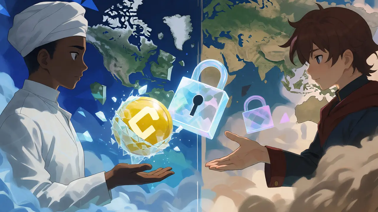 Two traders separated by a frozen coin and floating padlocks on a map.
