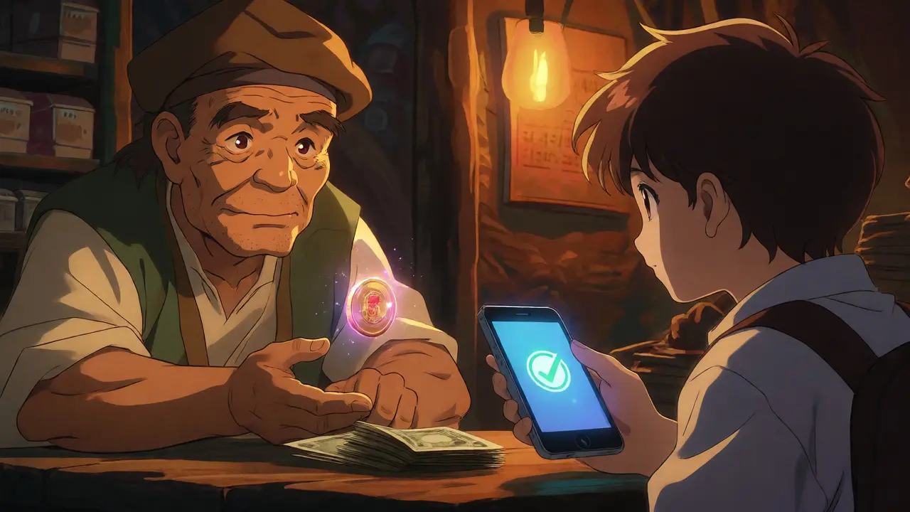 Underground crypto trade scene with two people exchanging cash and digital assets in a dim room.