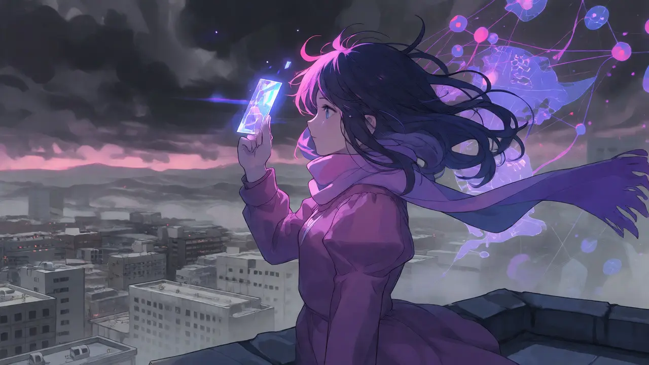 Woman on rooftop holding a glowing crystal card against a foggy city backdrop in anime style.